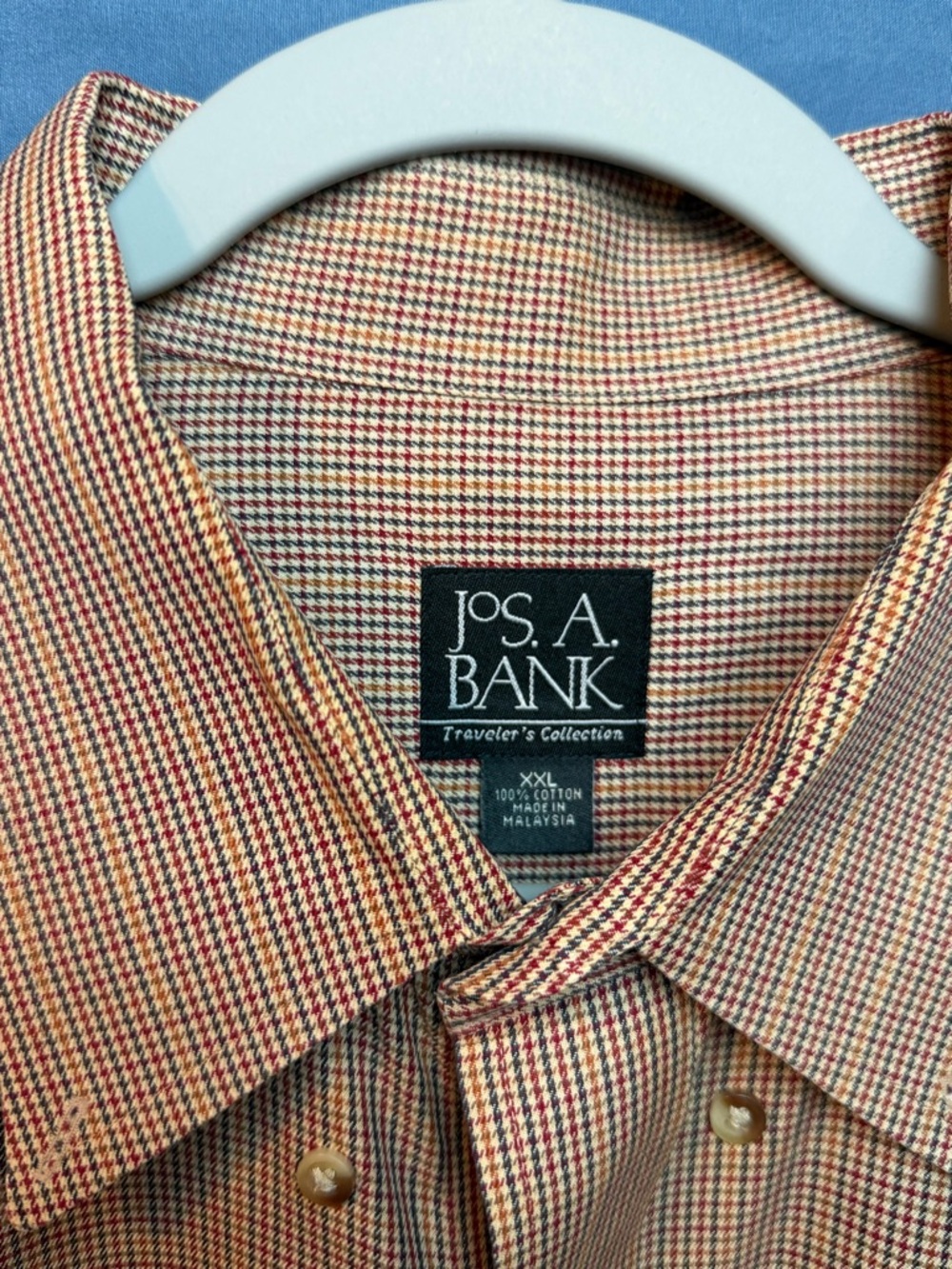 Jos. A. Bank Men's Traveler's Collection Red Blue Tan Micro-Check Dress Shirt